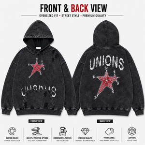 Sudadera con Capucha Negra Oversize para Hombre, de Algodón French Terry, con Estampado Lavado, Logotipo de Estrella, Bolsillo Frontal, Estilo Otoñal, Streetwear - Product Image 3