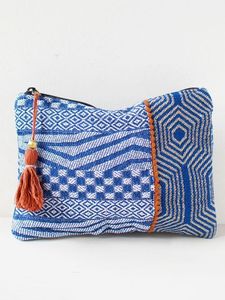 Handmade Blue Geometric Pattern Clutch <b>Bag</b> With Tassel Bohemian Style <b>Fabric</b> Storage Pouch Rectangle Shape - Product Image 1