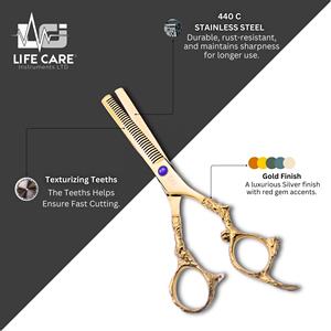 กรรไกรตัดผมและซอยผมสีทอง รุ่นมืออาชีพ ด้ามจับลายมังกร ชุดกรรไกรตัดผมสำหรับช่างทำผม ผลิตโดย Life Care Instruments - Product Image 3
