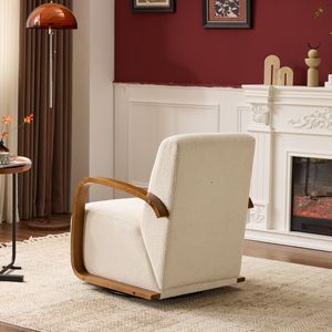 Poltrona con Braccioli Curvi in Legno Massello, Rivestimento Crema, Girevole a 360 Gradi, Design Moderno Mid-Century, Comfort Ergonomico per Soggiorno - Product Image 6