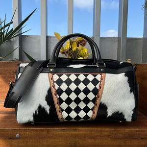 Custom Checkered Pattern Hand Tooled Cowhide <b>Leather</b> Travel <b>Weekender</b> Overnight Duffel <b>Bags</b> Sports Duffle <b>Bags</b> for <b>Men</b> & Women - Product Image 4