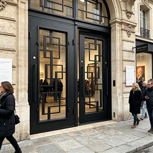 Porte d'entrée contemporaine en fer forgé avec un panneau en verre géométrique, construction résistante à la rouille et assemblage facile. - Product Image 5