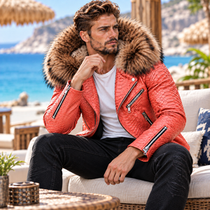 Men's Python Leather <b>Jacket</b> with Fox <b>Fur</b> <b>Hood</b> , Herren Lederjacken biker , Chaqueta Hombre Cuero Python , Veste Homme Cuir - Product Image 6