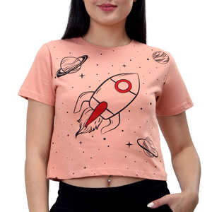 Camiseta Corta con Gráfico Espacial de Cohetes, Colores Personalizados para Mujer, Estilo Casual, Manga Corta, Primavera, Ecológica, Comprimida, Streetwear - Product Image 1