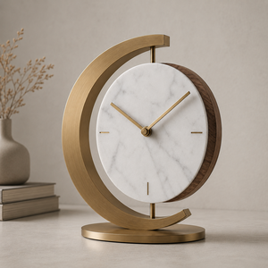 Minimalist Circular Desk Clock With Marble Face Brass Frame Silent Quartz Movement Needle Display - Product Image 1