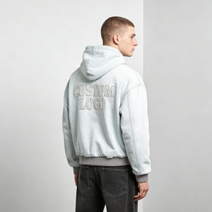 Sweat-shirts à capuche gris bleu clair tendance pour hommes, avec fermeture éclair, broderie de logo personnalisée, poche surdimensionnée, décontractés et confortables, sweats-shirts vierges - Product Image 2