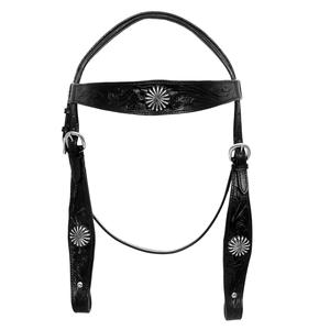 Cabezada, pechopetral y riendas de cuero negro estilo western con adornos florales, conchos y tachuelas metálicas, cómodos y duraderos, marca LLT - Product Image 4