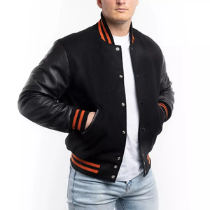 Men's Black Solid Color With Orange Trim Leather Sleeves Button Closure Casual Wear Regular <b>Fit</b> Turn-down Collar Varsity <b>Jacket</b> - Product Image 1