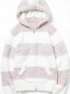 Sudadera con capucha de algodón polar para mujer, con cremallera completa, textura sherpa, rayas anchas en blanco y rosa pálido, mangas largas y bolsillos con abertura. - Product Image 3