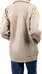 Veste utilitaire en cuir PU beige pour femme, manches longues, col montant, fermeture éclair, coupe-vent, style décontracté automne - Product Image 2
