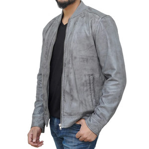 <b>Men's</b> Gray PU Bomber <b>Jacket</b> Stand Collar Zipper Closure Moto Biker Style Washed Finish Regular Fit For Sale - Product Image 5