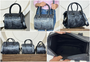 2026 High Quality Black Hand Tooled Leather Travel Luggage <b>Bags</b> New Fashionable Medium Zipper Closure Duffle <b>Bag</b> for Unisex - Product Image 3