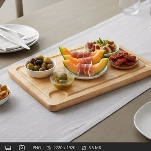 Tabla de cortar rectangular de madera natural con ranura para jugos y hendidura redonda - Product Image 2