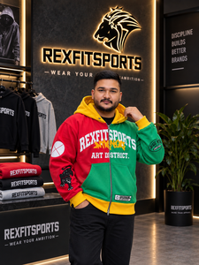 เสื้อฮู้ดสตรีทแวร์ผู้ชาย REXFITSPORTS 2026 แบบซิป สีบล็อก แดง เขียว เหลือง พิมพ์ลายกราฟิก ผ้าฟลีซสั่งทำพิเศษ - Product Image 2
