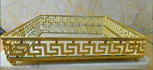 Luxury Handmade Durable Iron Greek Key Gold <b>Mirror</b> Square <b>Tray</b> | Ornate Decorative Serving <b>Tray</b> for Coffee Table | Glass Vanity - Product Image 5