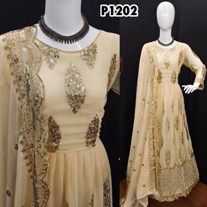 NUEVO DISEÑADOR GEORGETTE BORDADO TRABAJO BATA INFERIOR CON DUPATTA CHIKU - Product Image 1