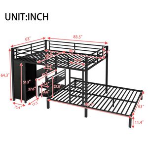 Letto a castello Queen Size con armadio integrato, scrivania e sedie con contenitore, in metallo nero - Product Image 4