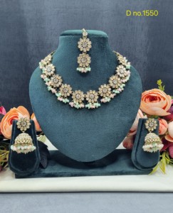 Flower Designer <b>Link</b> Necklace Set With Earrings & Tika Crystal Beaded Droplets Fashion <b>Jewellery</b> Set Festive Wear <b>Jewellery</b> Sets - Product Image 3