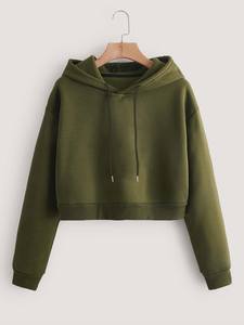เสื้อฮู้ดครอปสีน้ำเงินกรมท่าสำหรับผู้หญิง แขนยาว สีพื้น ผ้าถัก เสื้อสเวตเตอร์มีฮู้ด สวมใส่สบายๆ ในฤดูใบไม้ร่วง - Product Image 4