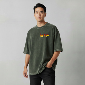 Camiseta de hombre de algodón 100% de alto gramaje 210GSM, ecológica, de secado rápido, con lavado ácido, logo bordado personalizado, cuello redondo, corte holgado y hombros caídos. - Product Image 1