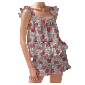 Femmes coton main bloc imprimé robe de nuit Shorts pyjama ensemble pour printemps/été Floral ajusté à bretelles volants garniture manches PJ ensemble - Product Image 3