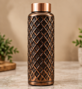 Premium Hammered Copper Water Bottle 1L Diamond Lattice Pattern with Screw Cap Gift Box - Product Image 1