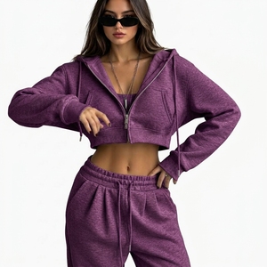 Custom Women's Cropped Hoodie Sweatshirt Tracksuit Elastic Waist Pants Side Pockets Casual Loungewear Two Piece Set Factory - Product Image 1