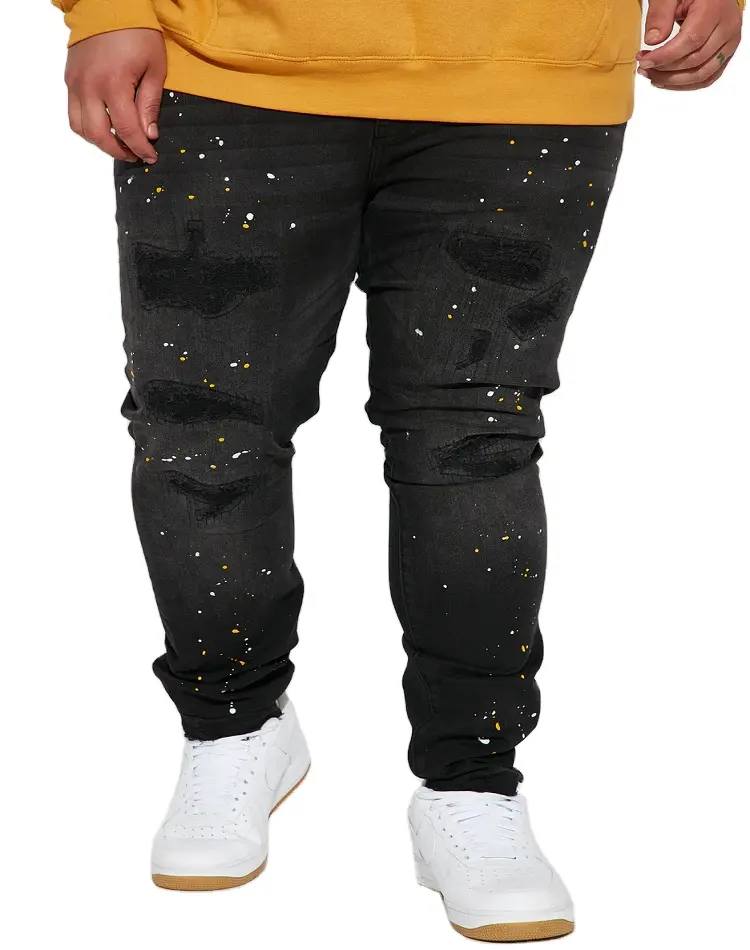 Stitched Paint Specks Stacked Skinny Jeans - Black