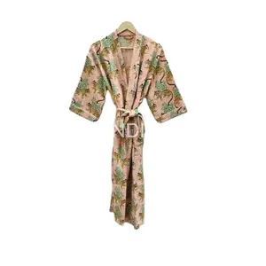 Nouveau tigre imprimé coton gaufré conception femmes nuisette Maxi indien gros Hippie longue robe de nuit Kimono Style peignoir