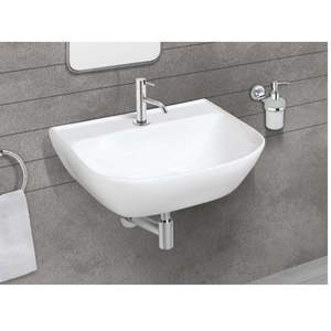Elegant rectangular wall hung ceramic wash basin 470x370x150mm glossy white floating bathroom sink with half pedestal - Product Image 1