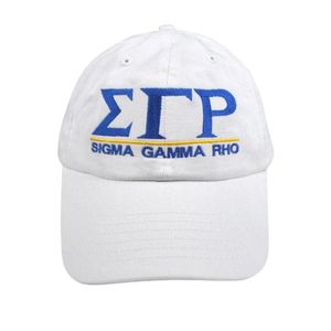 หมวกแก๊ป Sigma Gamma Rho ลายปักตัวอักษรภาษากรีกสีขาว สำหรับสตรี ปรับขนาดได้ สไตล์ลำลองสำหรับวิทยาลัย - Product Image 1