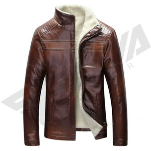 Men's Brown Leather or PU Leather Jacket Stand Collar Zipper Closure Faux <b>Fur</b> Lining Moto Biker Style Winter Wear - Product Image 5