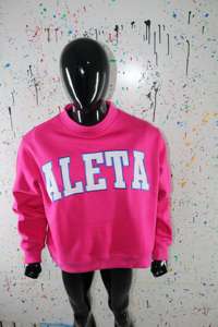 ALETA HOT PINK <b>Mock</b> <b>Neck</b> Sweatshirt 100% WHITE Applique Embroidery wide <b>neck</b> Sweatshirt Finer Threads - Product Image 3