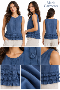 Women Solid Short Loose Woven <b>Linen</b> Pants <b>Set</b> Sleeveless Ruffle Hem Tank Top Wide Leg Trousers Casual Summer Outfit - Product Image 6