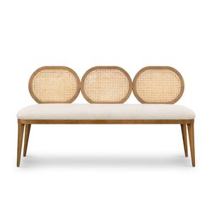 Minimalist Teak Wood <b>Bench</b> with Triple Rattan Backrest Design and Soft Upholstered Seat <b>Cushion</b> - Product Image 1