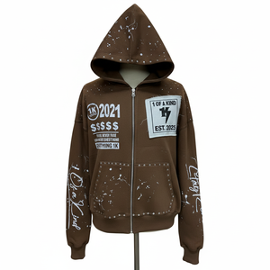 Sudadera con capucha para hombre, 100% algodón, con cremallera, estampado digital personalizado y parche bordado, 450 g/m², cómoda y transpirable. - Product Image 1