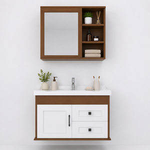 Boler Bathroom <b>Vanity</b> Cabinet Classic Design LED <b>Mirror</b> Ceramic Basin Water Resistant Durable Finish Wall-Mounted PVC Villa - Product Image 6