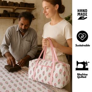 Bolsa de lona de algodón con estampado floral a mano y asas a rayas rosas, informal, de viaje, para fin de semana, portátil, de gran capacidad para mujer - Product Image 5