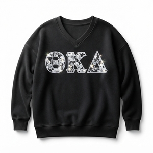 Sudadera Negra con Cuello en V para Mujer, con Letras OKA con Lentejuelas, Manga Larga, Tejida en Algodón, para Otoño - Product Image 1