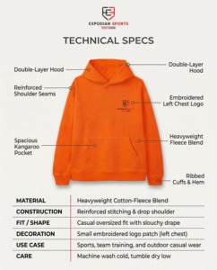 <b>Men's</b> <b>Orange</b> Hooded <b>Sweatshirt</b> With Front Logo Pocket Casual Fleece Pullover Regular Fit Autumn Wear - Product Image 4