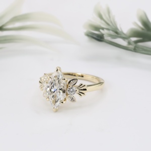 Yellow Gold Marquise Cut Lab Grown Diamond Certified Engagement <b>Ring</b> Classic Art Deco Fan Solitaire <b>Crown</b> Band Fine Jewelry - Product Image 2