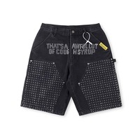 Shorts cargo en denim tissé noir pour homme, respirants, taille mi-haute, style streetwear avec poches, 100% coton, été, printemps, automne