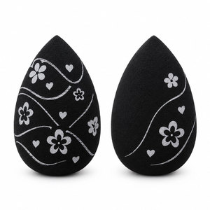 Éponge de maquillage noire avec motif floral blanc, lavable, sans latex, éponge de beauté, applicateur de fond de teint cosmétique - Product Image 1
