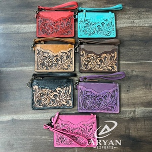 Western Style Tooled Genuine Leather Mini Zipper <b>Wallet</b> Floral Carving Coin & ATM <b>Card</b> <b>Holder</b> Wristlet Clutches For Everyday Use - Product Image 1