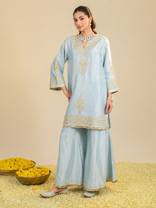Conjunto de Kurta Bohobi para Mujer, Color Azul Polvo, Tejido, Cintura Natural, Lavable, Elegante, Cuello en V, Manga Acampanada, Bordado a Mano, para Fiesta, Gulmarg - Product Image 5