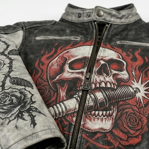 Mens <b>Vintage</b> Distressed Leather Motorcycle <b>Jacket</b> Graphic Skull Roses Racing Biker Cafe <b>Racer</b> Coat Outerwear Custom Wholesale - Product Image 6