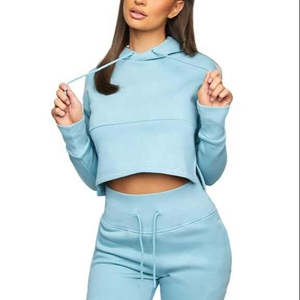 Ensemble haut court à capuche et pantalon de survêtement bleu clair pour femme, manches longues, couleur unie, vêtements décontractés, coton extensible tricoté, tenue 2 pièces - Product Image 2