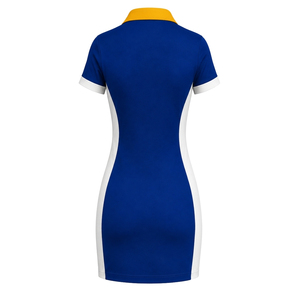 Vestido Polo Azul Rey y Dorado para Mujer, Manga Corta, Cuello en Contraste, Uniforme Deportivo con Paneles Laterales y Puños Blancos - Product Image 6