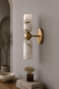 Modern Brass Wall Sconce With Marble Cylinders Geometric Design Indoor Lighting Fixture - Product Image 3