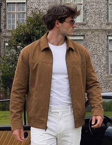 <b>Men's</b> Brown <b>Suede</b> Leather <b>Jacket</b> Turn-down Collar Zipper Closure Casual Autumn Wear Regular Length Solid Color - Product Image 6